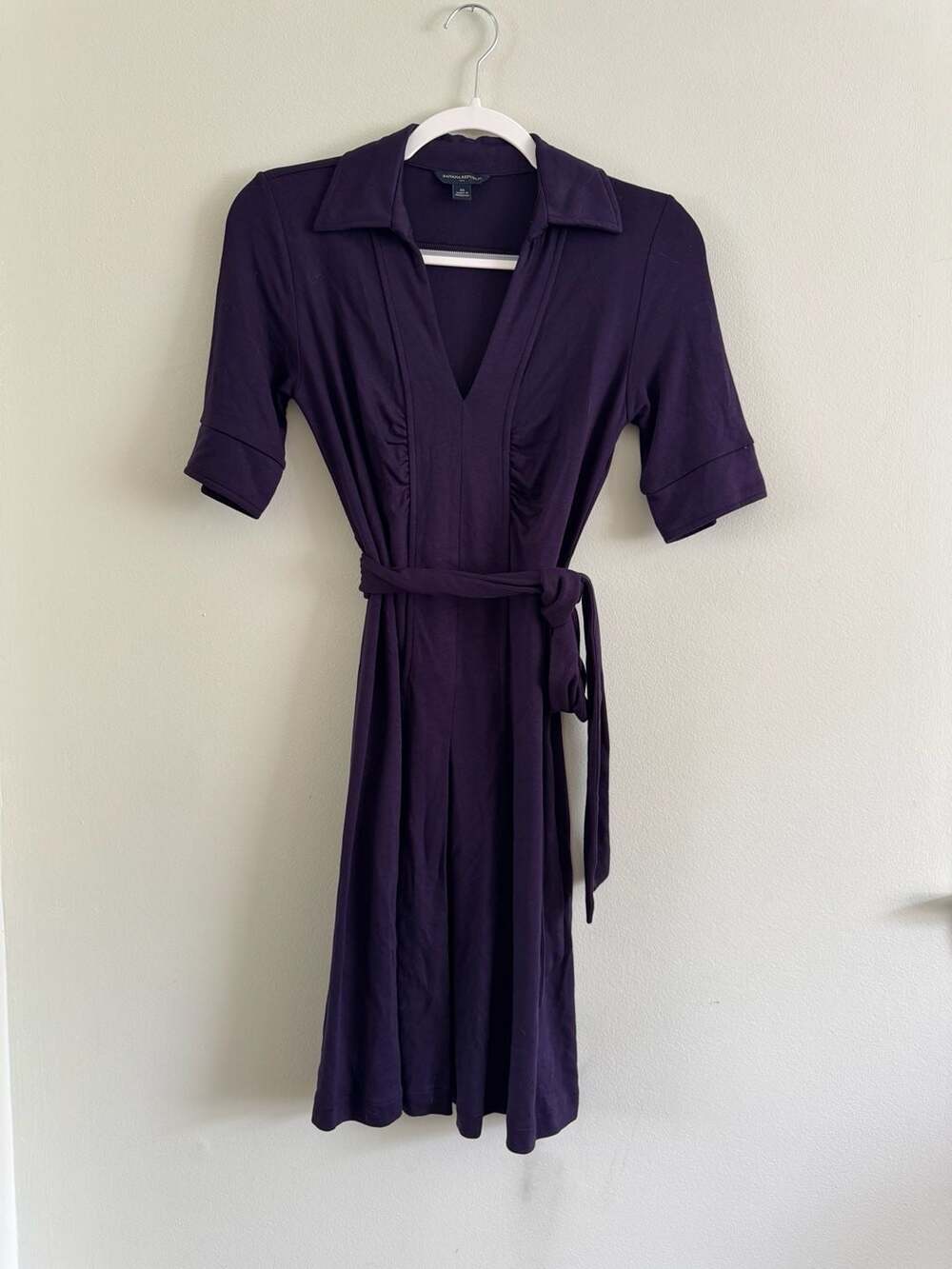 Banana Republic Purple Rayon Blend Collared V-Neck Belted Dress XS